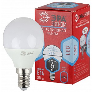 ECO LED P45-6W-840-E14 R  Лампа светодиодная ЭРА RED LINE ECO LED P45-6W-840-E14 6Вт. шар нейтральный белый свет E14