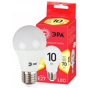 ECO LED A60-10W-827-E27 R  Лампа светодиодная ЭРА RED LINE ECO LED A60-10W-827-E27 10Вт груша теплый белый свет Е27