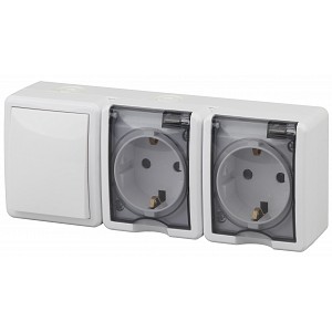 11-7403-01  Блок две розетки + выключатель ЭРА Эксперт 11-7403-01 IP54 16A-10AX-250В ОУ белый