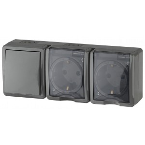 11-7403-03 Блок две розетки + выключатель ЭРА Эксперт 11-7403-03 IP54 16A-10AX-250В ОУ серый