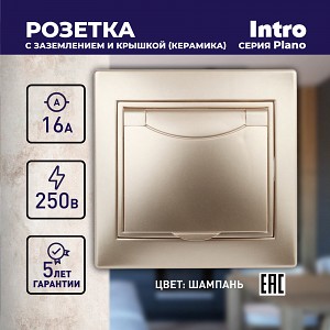 1-203-04 Розетка Intro Plano 1-203-04 2P+E Schuko с крышкой 16А-250В IP20 СУ шампань