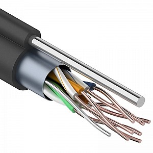 Кабель витая пара F/UTP, CAT 5e, PE, 4PR, 24AWG, внешний, однопроволочный, черный, с тросом, 305м REXANT