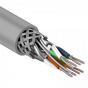 Кабель витая пара S/FTP, CAT 7, PVC, 4PR, 23AWG, внутренний, однопроволочный, серый, 305 м REXANT ПРОЕКТ