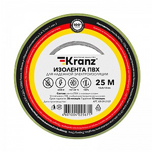 Изолента ПВХ 0,13х15мм, 25м, желто-зеленая KRANZ
