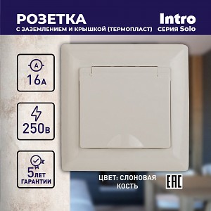 4-203-02 Розетка Intro Solo 4-203-02 с заземлением 2P+E Schuko с крышкой 16А-250В IP20 СУ слоновая кость