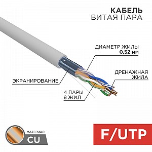 Кабель витая пара F/UTP, CAT 5e, LSZH нг(А)-HF, 4PR, 24AWG, внутренний, однопроволочный, серый, 305м REXANT