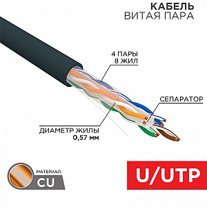Кабель витая пара U/UTP, CAT 6, PE, 4PR, 23AWG, внешний, однопроволочный, черный, 305м REXANT
