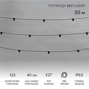 Гирлянда Белт-Лайт 2 жилы, 50м, шаг 40см, 125 патронов E27, IP65, черный круглый провод ПВХ NEON-NIGHT