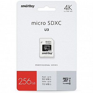 micro SDXC карта памяти Smartbuy 256 ГБ серия Pro U3/A1/V30; 90/70 МБ/с, с адаптером SD