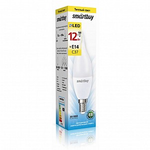 Светодиодная (LED) Свеча на ветру матовая Лампа Smartbuy-C37-12W/3000/E14 (SBL-C37Can-12-30K-E14)/100