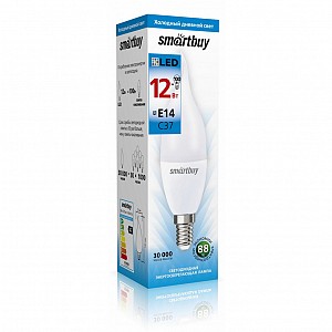 Светодиодная (LED) Свеча на ветру матовая Лампа Smartbuy-C37-12W/6000/E14 (SBL-C37Can-12-60K-E14)/100