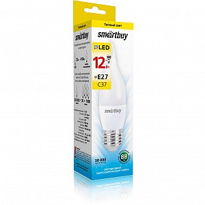 Светодиодная (LED) Свеча на ветру матовая Лампа Smartbuy-C37-12W/3000/E27 (SBL-C37Can-12-30K-E27)