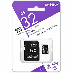 micro SDHC карта памяти Smartbuy 032 ГБ для видеонаблюдения U1/V10, с адаптером SD