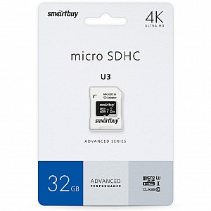 micro SDHC карта памяти Smartbuy 032 ГБ серия Advanced U3/V30/A1; до 90/55 МБ/с, с адаптером SD