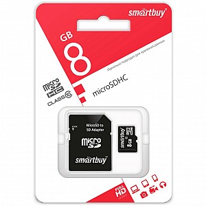 micro SDHC карта памяти Smartbuy 008 ГБ Сlass10, с адаптером SD