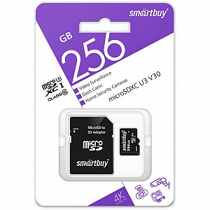 micro SDXC карта памяти Smartbuy 256 ГБ для видеонаблюдения U3/V30, с адаптером SD
