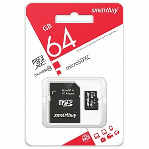 micro SDXC карта памяти Smartbuy 064 ГБ Class10, с адаптером SD