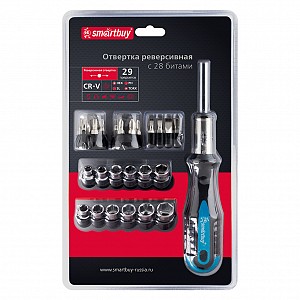 Купить Отвертка реверсивная, с 28 битами, SL, PH, HEX, TORX, головки, CR-V сталь Smartbuy Tools