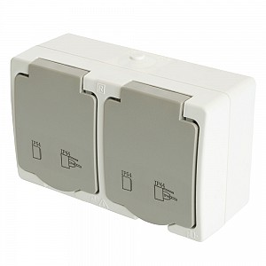 Розетка 2-местная с крышкой с/з, 250В, 16А, IP54, серия Велена, белый/серый