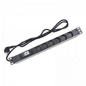 Блок распределения питания PDU горизонтальный 1U 6 розеток СЕЕ 7/4 Schuko 16A автомат защиты алюм корп шнур 2м вилка СЕЕ 7/7 Schuko черный REXANT