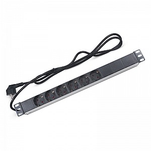 Блок распределения питания PDU горизонтальный 1U 6 розеток СЕЕ 7/4 Schuko 16A без выкл алюм корп шнур 2м вилка СЕЕ 7/7 Schuko черный REXANT