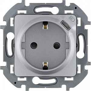 INSPIRIA Розетка 1-местная с заземлением с защитными шторками 16А с USB C 5В безвинтовое крепление алюминий