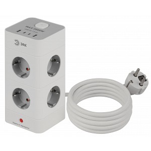 TWR-8es-1,5m-4USB-W Сетевой фильтр ЭРА TWR-8es-1,5m-4USB-W башня с защитой заземлением с выключателем 8 розеток+4xUSBA+C 1,5м 16А белый