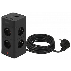 TWR-8es-1,5m-4USB-B Сетевой фильтр ЭРА TWR-8es-1,5m-4USB-B башня с защитой заземлением с выключателем 8 розеток+4xUSBA+C 1,5м 16А черный