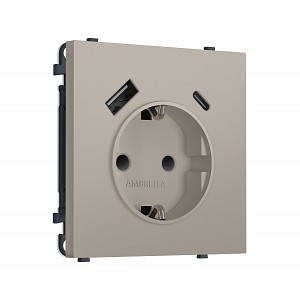 MS370010 Комплект механизма электрической розетки SIGMA Серо-бежевый матовый 2USB A+C 20W (быст. зар.) с/з с/ш 16A-250V QUANT PRO (SP3700, PR160)