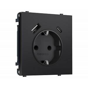 MS810010 Комплект механизма электрической розетки SIGMA Черный матовый 2USB A+C 20W (быст. зар.) с/з с/ш 16A-250V QUANT PRO (SP8100, PR160)