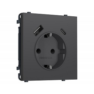 MS910010 Комплект механизма электрической розетки SIGMA Графит Мягкое касание 2USB A+C 20W (быст. зар.) с/з с/ш 16A-250V QUANT PRO (SP9100, PR160)