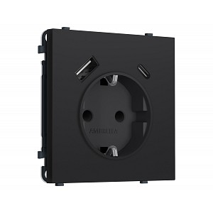 MS990010 Комплект механизма электрической розетки SIGMA Черный Мягкое касание 2USB A+C 20W (быст. зар.) с/з с/ш 16A-250V QUANT PRO (SP9900, PR160)