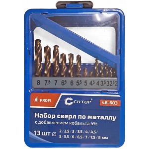 Набор сверл по металлу с кобальтом 5% в металлической коробке; 2-8 мм (через 0,5 мм), 13 шт., Profi