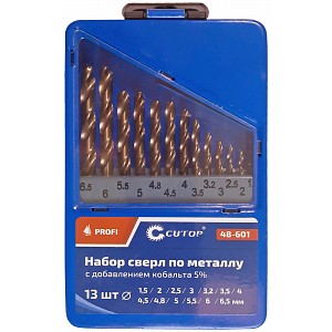 Набор сверл по металлу с кобальтом 5% в металлической коробке; 1,5-6,5 мм (через 0,5 мм + 3,2 мм; 4,8 мм), 13 шт., Profi