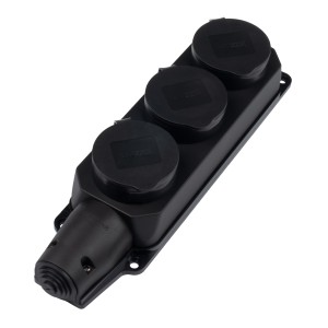 Розетка (колодка) 3-местная с защитными крышками PRC-123-BL 16A 220V IP44 каучук Jazzway