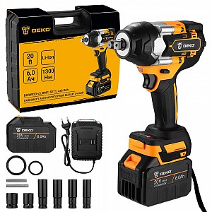 Гайковерт аккумуляторный бесщеточный DEKO DKIWB20-v3, в кейсе с набором, 2x6.0Ач