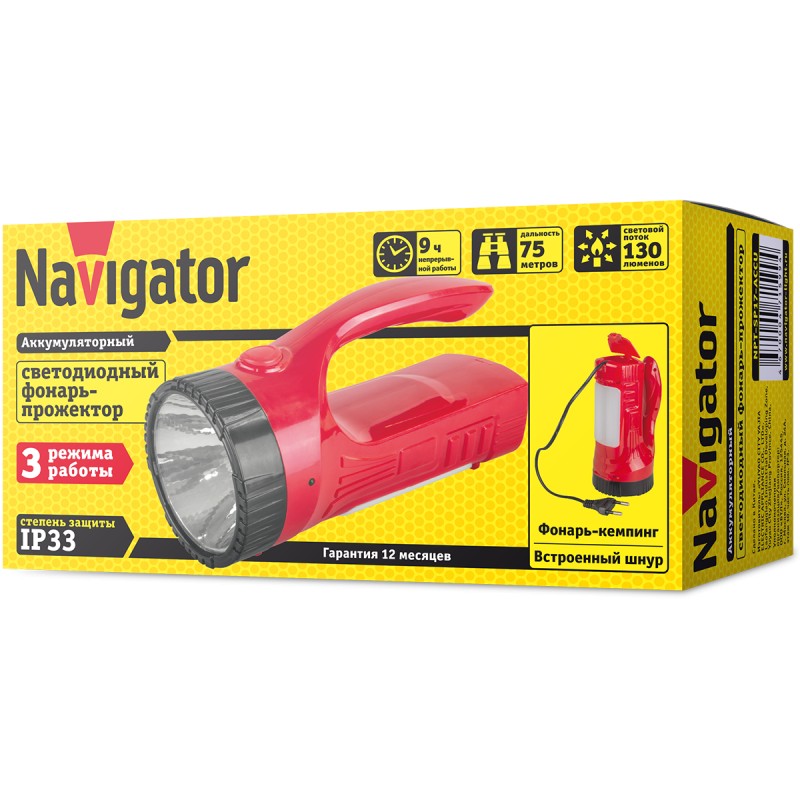 Фонарь Navigator 71 599 NPT-SP17-ACCU Прож/кемп 1Вт+12LED, 130лм,