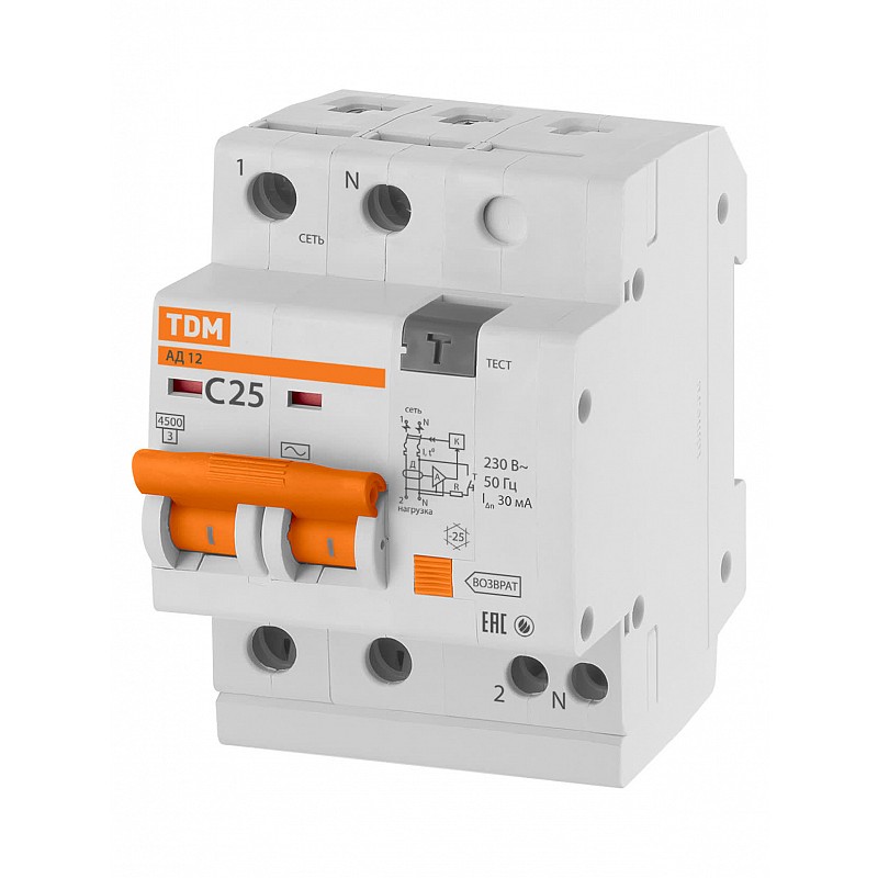 Диф.автомат АД12 2Р 25А 30мА TDM, Navigator, Онлайт