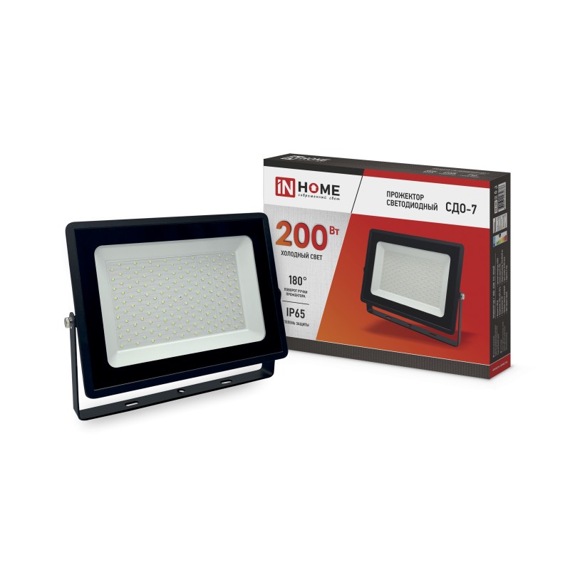 Прожектор светодиодный СДО-7 200Вт 230В 6500К IP65 черный IN HOME ...