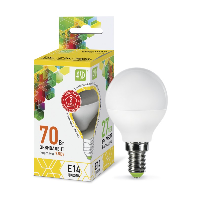 Лампа светодиодная LED-ШАР-standard 7.5Вт 230В Е14 3000К 675Лм ASD ...