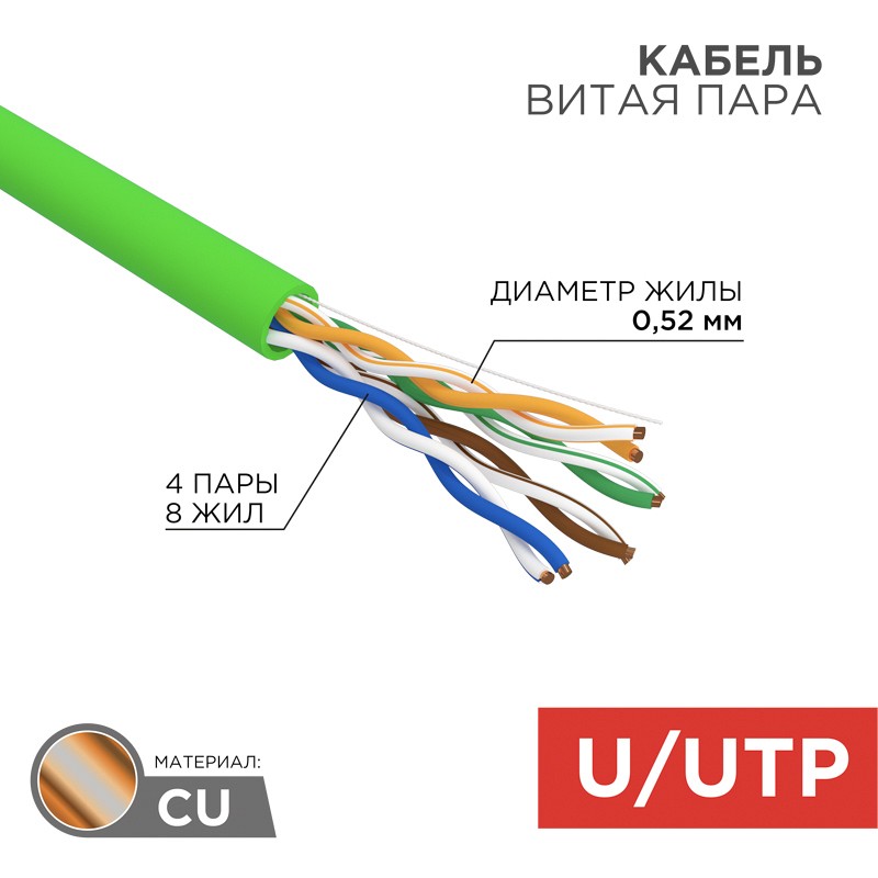 Кабель витая пара U/UTP, CAT 5e, нг(А)-LSLTx, 4х2х0,52мм, 24AWG,