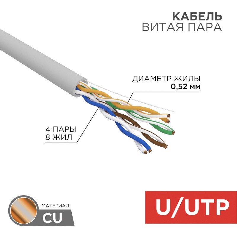 Кабель витая пара U/UTP, CAT 5e, PVC, 4х2х0,52 мм, 24AWG,