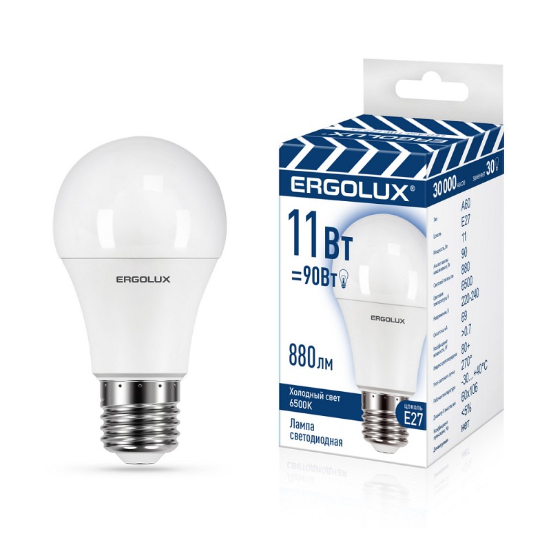 Ergolux LED-A60-11W-E27-6K (Эл.лампа светодиодная ЛОН 11Вт Е27 6500К 220-240В, ПРОМО)