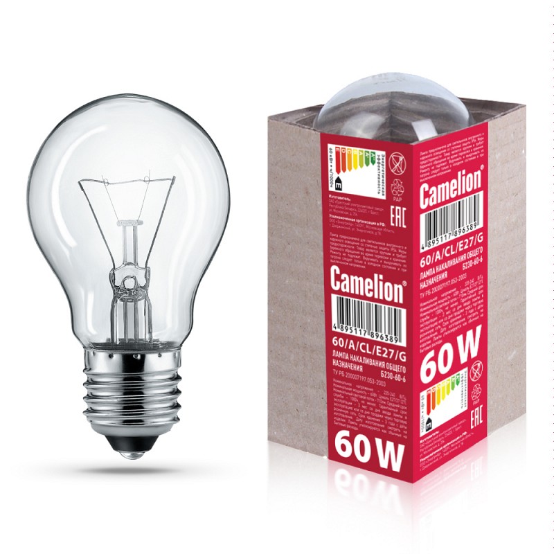 Camelion 60/A/CL/G/E27 (Эл.лампа накал.с прозрачной колбой, ЛОН,