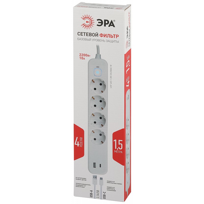 USF-4es-1,5m-2xUSBAC-W ЭРА Сетевой фильтр, Б0059571