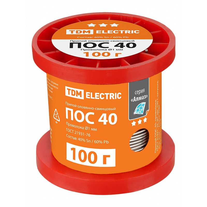 Припой ПОС 40, проволока, ГОСТ 21931-76, Ø1 мм, 100 г, катушка,