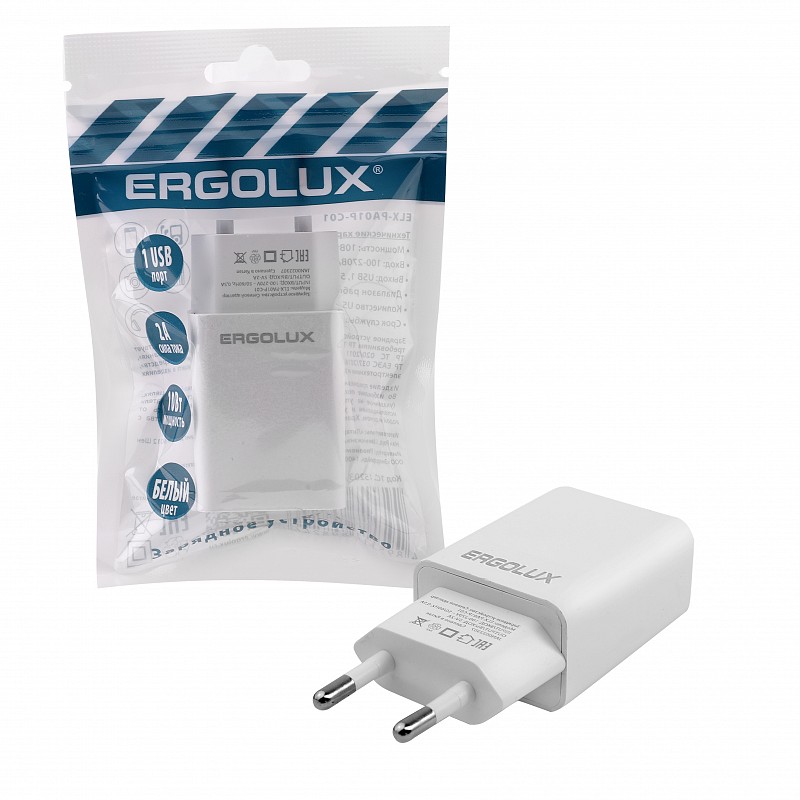 ERGOLUX ELX-PA01P-C01 адаптер 10Вт 1USB 100-220В 5V/2А белый, ELX-РA01P ...