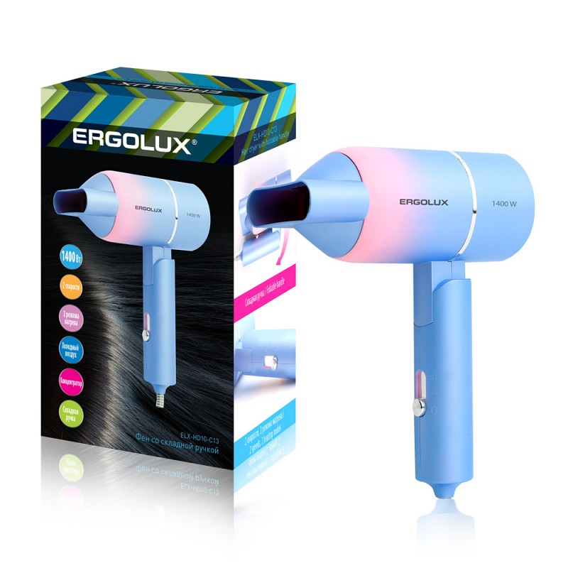 ERGOLUX ELX-HD10-C13 голубой/розовый (фен со складной ручкой, 1400