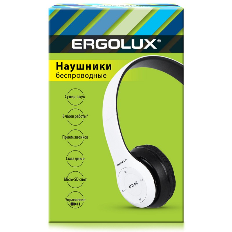 ERGOLUX ELX-BTHP01-C01 - беспроводные наушники с FM и MP3, белые, ELX ...