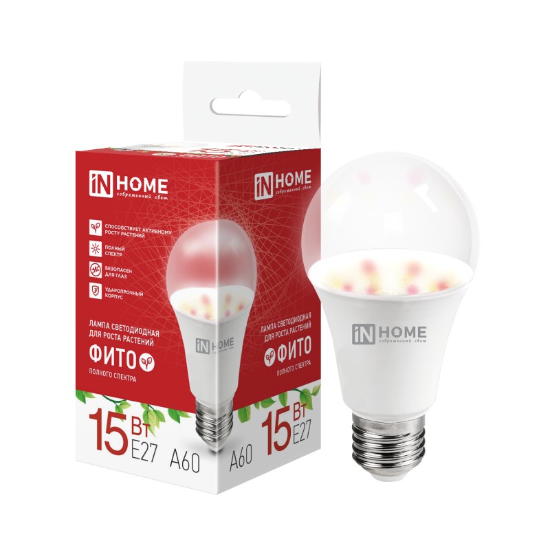 Лампа светодиодная LED-A60 PRO-ФИТО полный спектр 15Вт 230В Е27 IN HOME